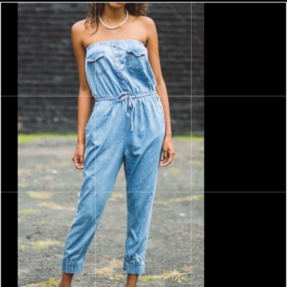 Haute Blue Monde Strapless Denim Jumpsuit